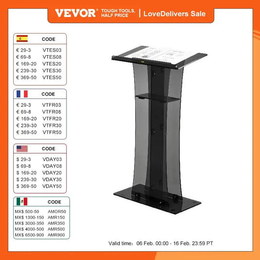 VEVOR 47" Clear Podium Stand Floor-Standing Acrylic Podium Lectern W/ Reading Surface & Storage Shelf  for Church Office School