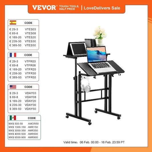 VEVOR 26.4"-44.9" Gas-Spring Height Adjustable Sit-Stand Desk with 360° Swivel Wheels Home Office Rolling Laptop Table Tiltable